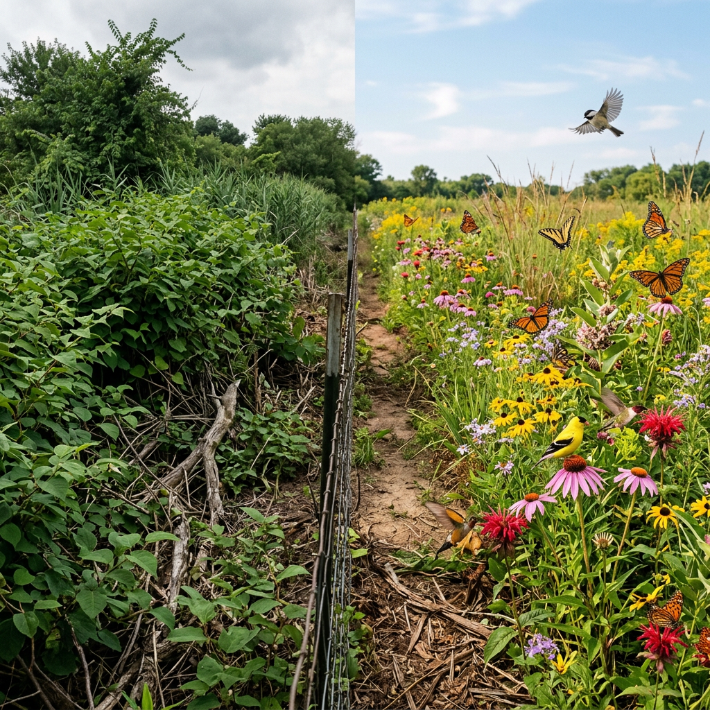 A split image showing dense invasive plants on one side and colorful native wildflowers with butterflies and birds on the other