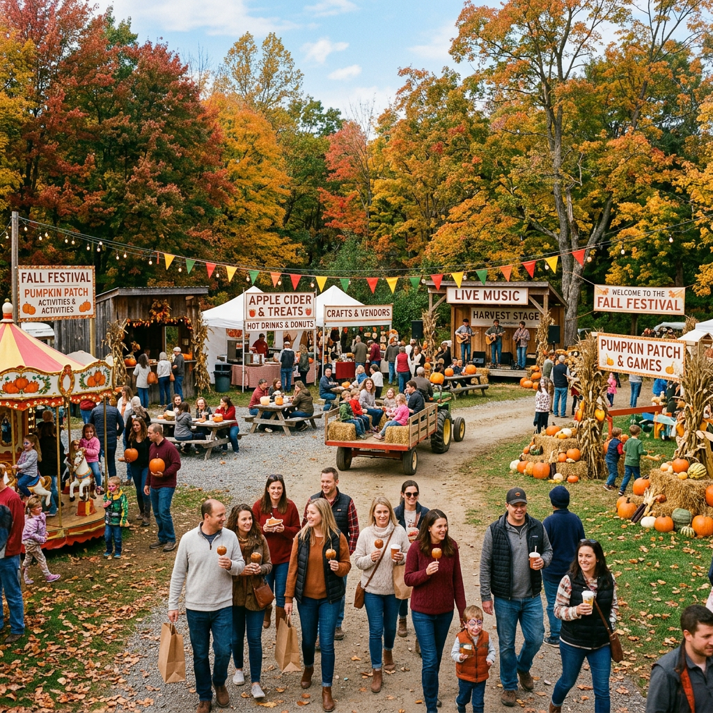 Fall Festival signs advertise pumpkin patch activities, apple cider and treats, crafts and vendors, live music, harvest stage, and pumpkin patch games.
